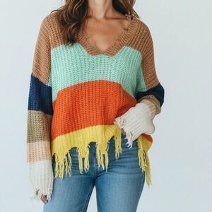 Miracle USA Striped Fringe distressed Crop Sweater M L‎ boxy oversized hippie